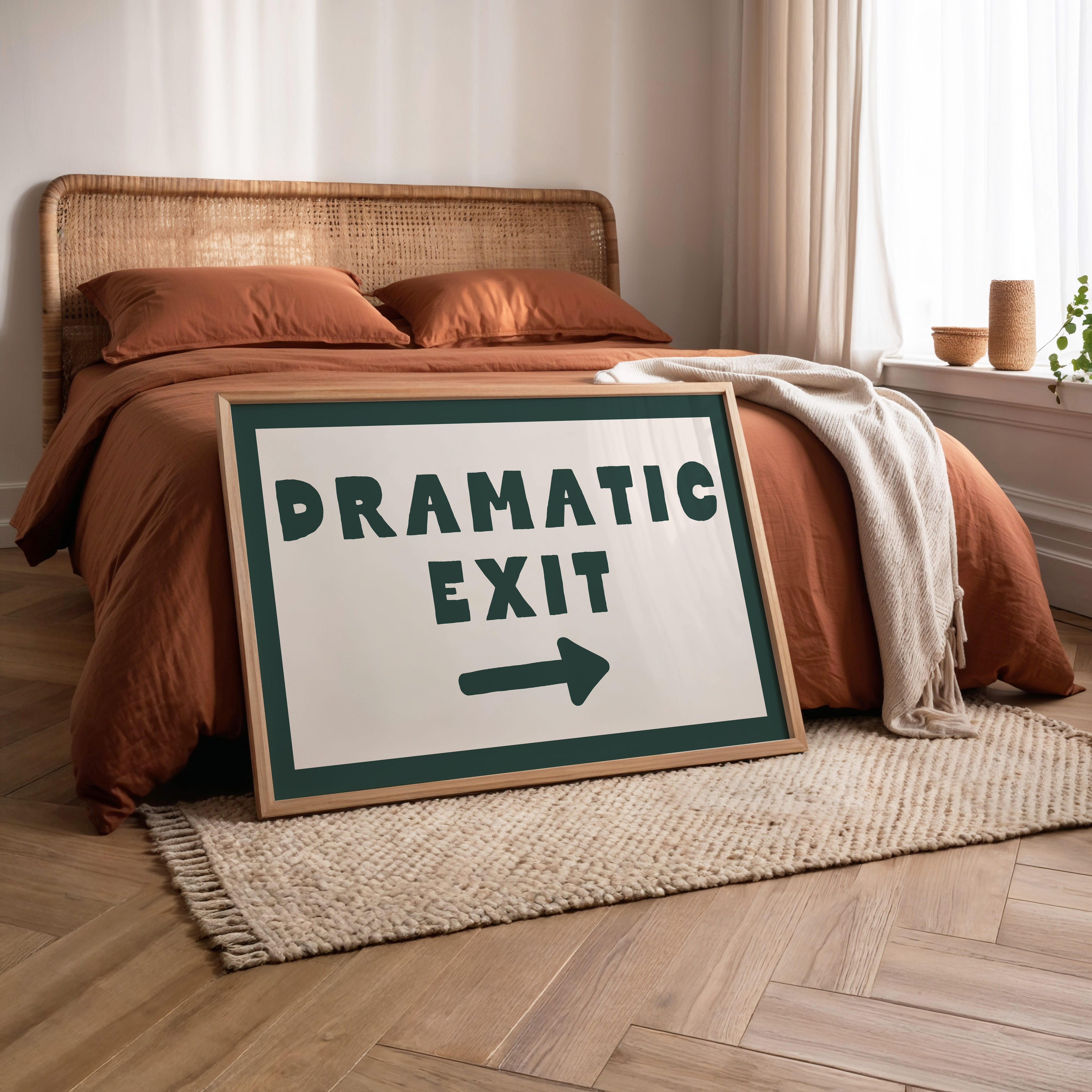 Bold forest green and cream typography wall art featuring the phrase ‘Dramatic Exit’. Premium giclée print perfect for modern interiors and gallery walls.