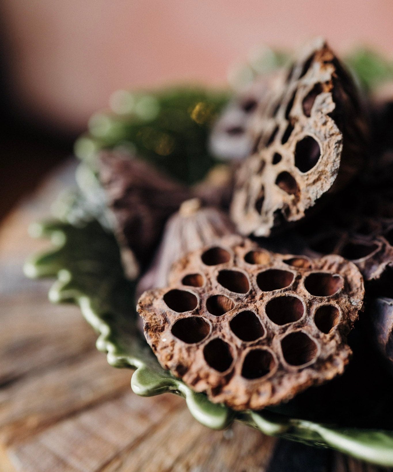 Natural dried lotus seed heads for Christmas wreath making, festive garlands, table decorations and seasonal crafts.