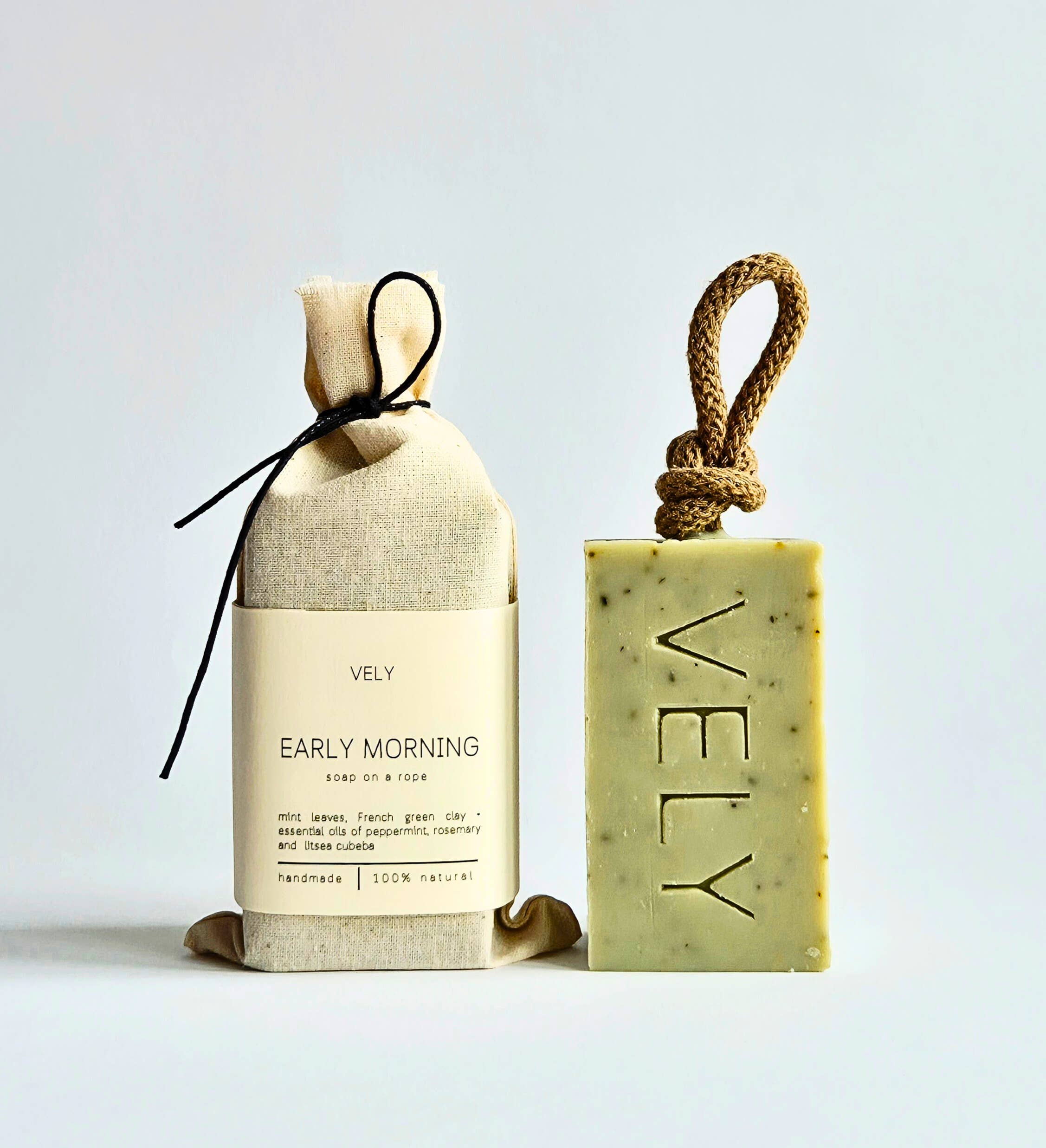 Early Morning natural handmade soap on a rope with peppermint and eucalyptus