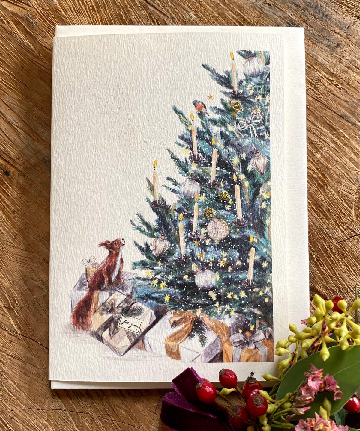 Handmade Night Before Christmas card featuring original artwork by Elena Deshmukh, individually hand stitched on premium textured cardstock.
