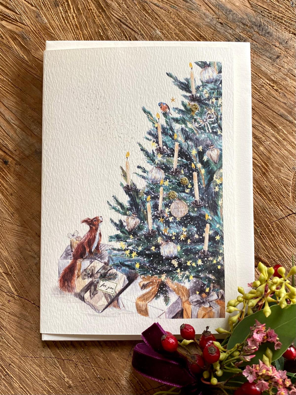 Handmade Night Before Christmas card featuring original artwork by Elena Deshmukh, individually hand stitched on premium textured cardstock.