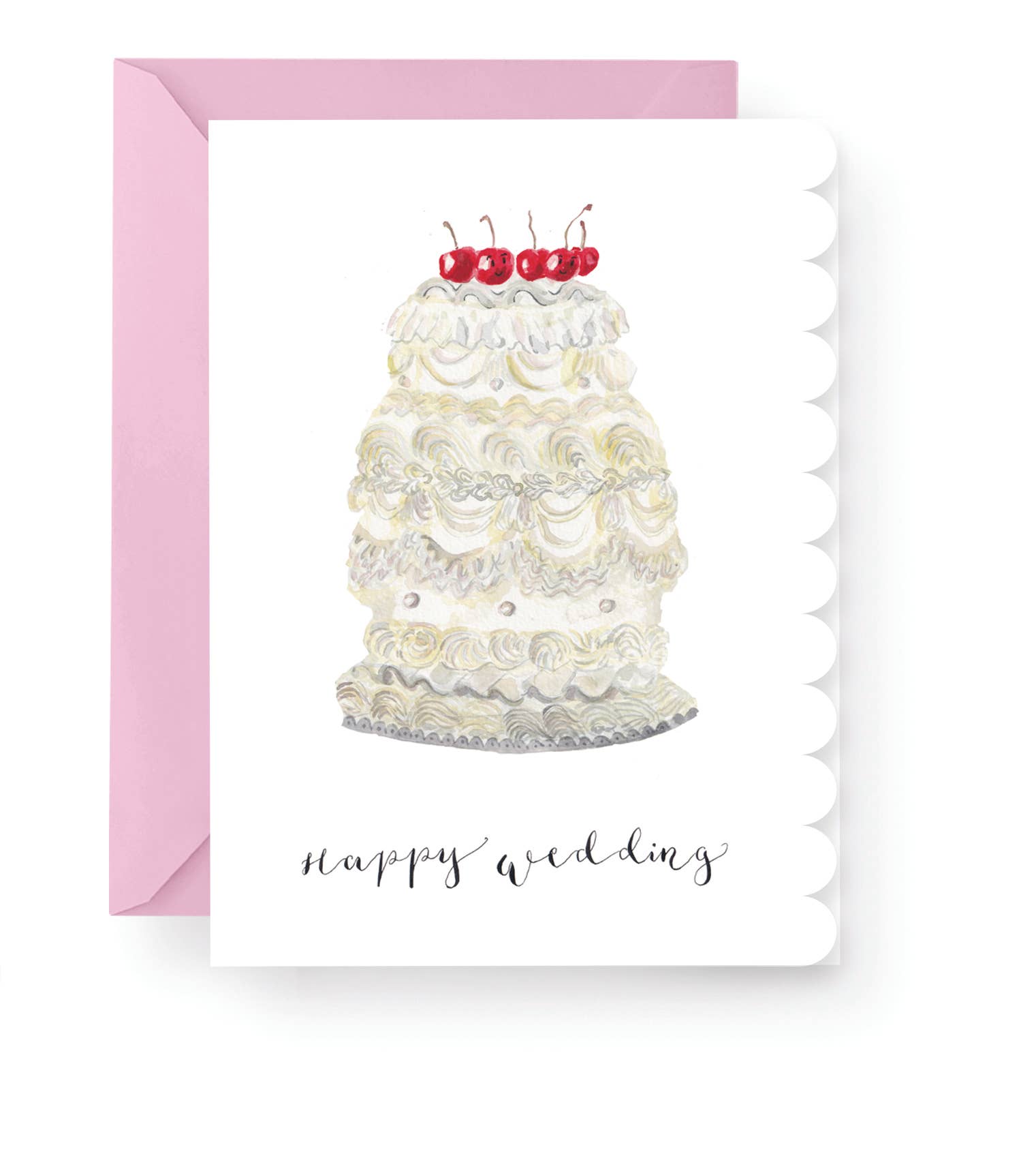 Engagement card with hand-painted watercolour vintage wedding cake and cherries.