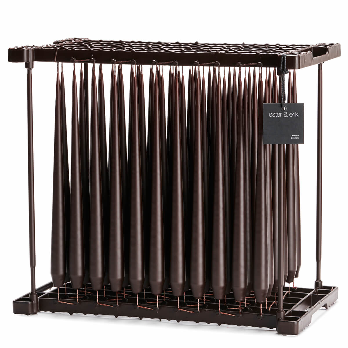Shop Ester & Erik Espresso 42cm taper candle No. 79. A rich chocolate-brown candle, hand-dipped in Denmark for elegant tables, weddings & interiors.