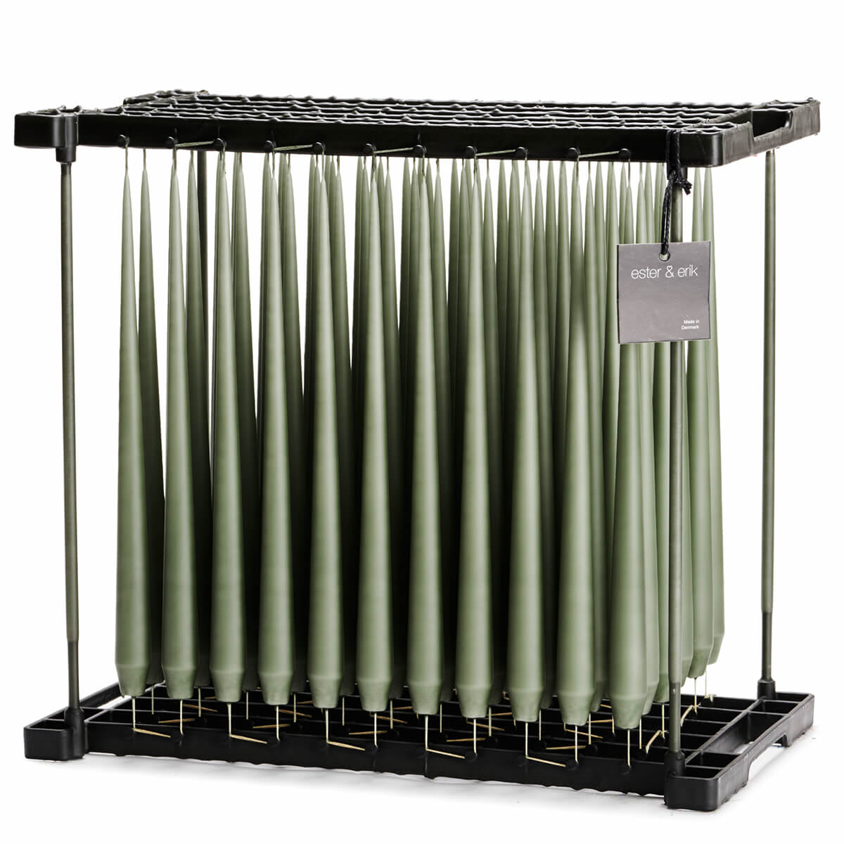 Ester & Erik Green Soil 42cm tapered dinner candle in a dusty earthy green with soft sage and grey undertones, traditionally hand-dipped in Denmark.