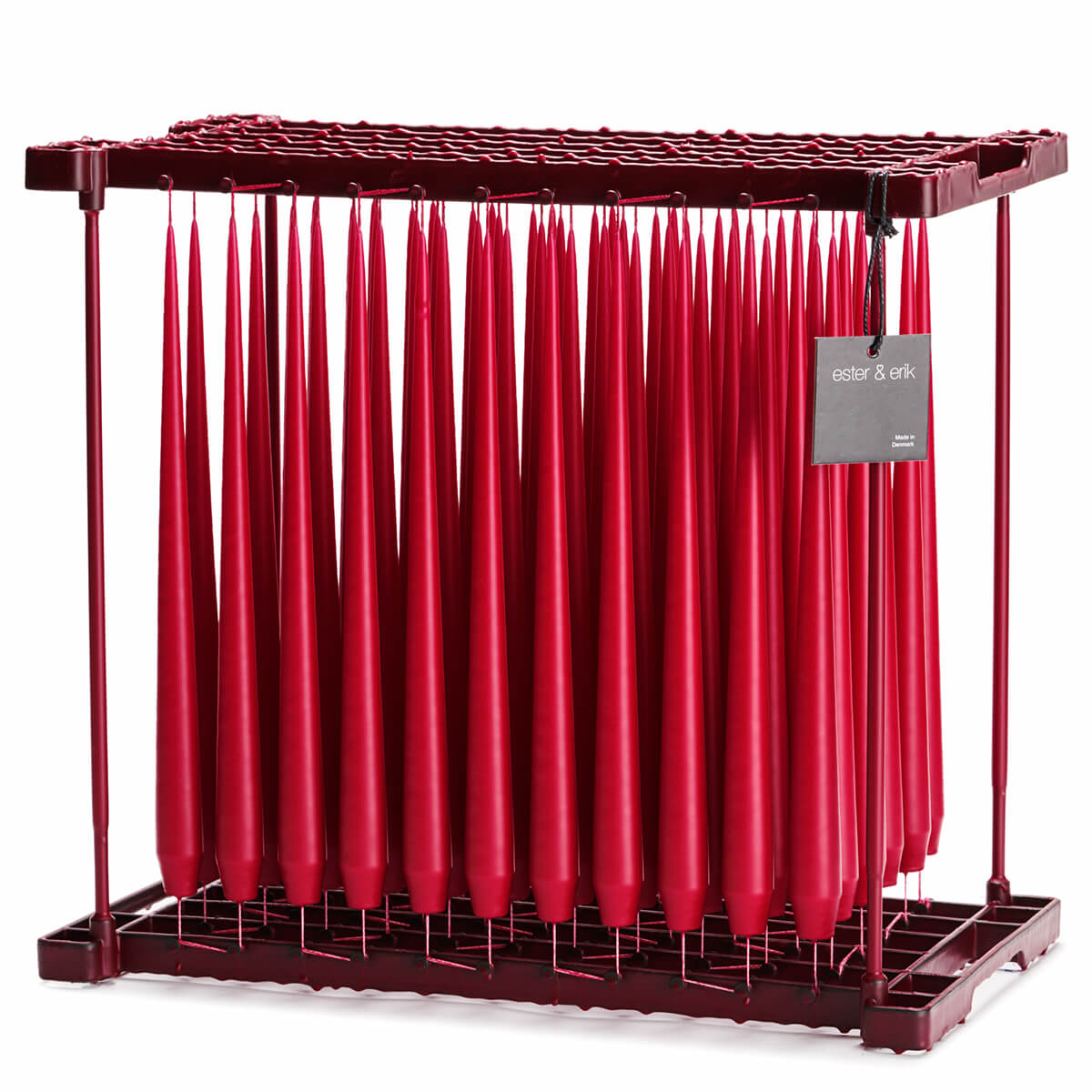 Ester & Erik Winter Berry 42cm tapered dinner candle in a rich traditional red with warm crimson undertones, traditionally hand-dipped in Denmark.