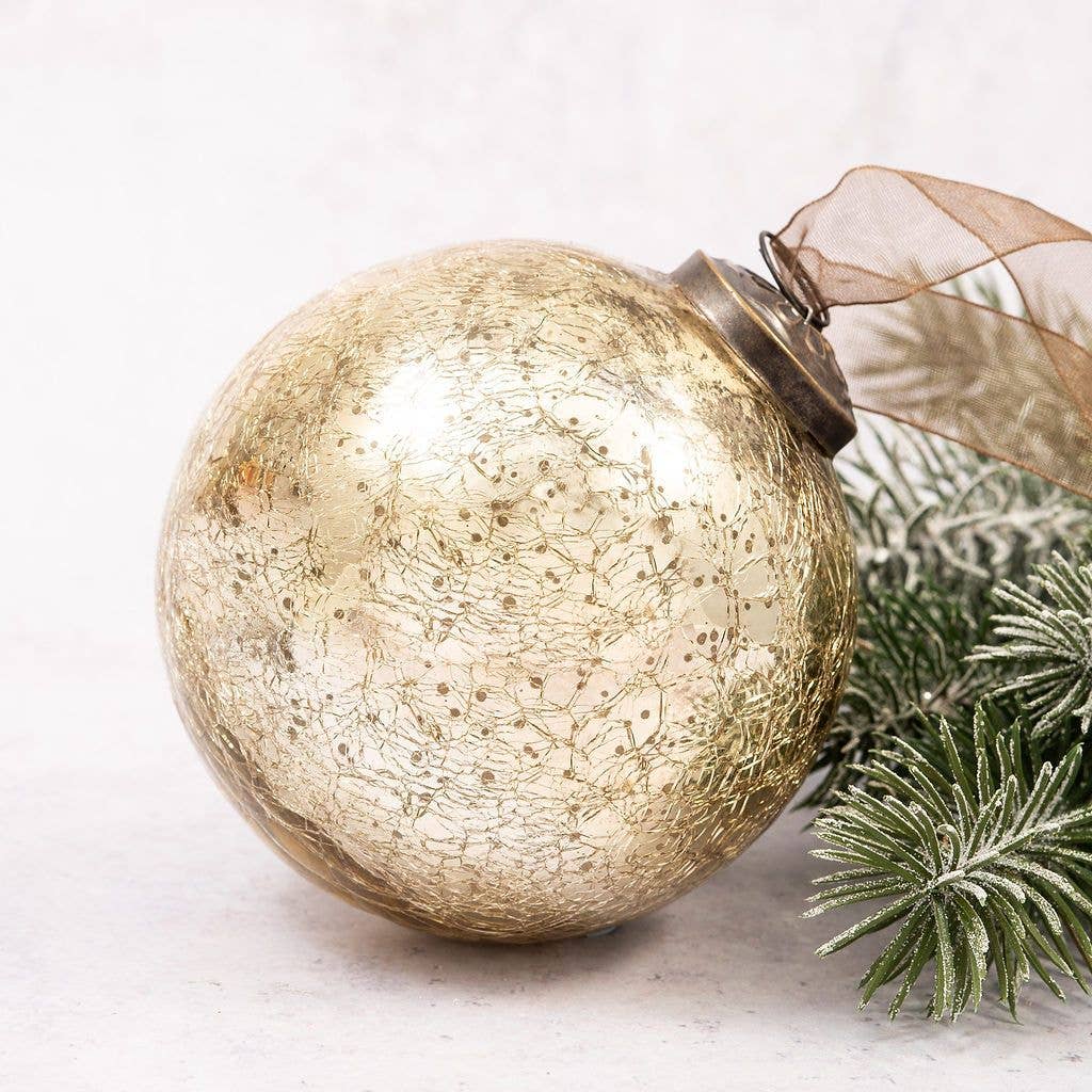 Extra large 10cm gold crackle hand-blown glass Christmas bauble with ornate bronze cap and organza ribbon