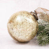 Extra large 10cm gold crackle hand-blown glass Christmas bauble with ornate bronze cap and organza ribbon