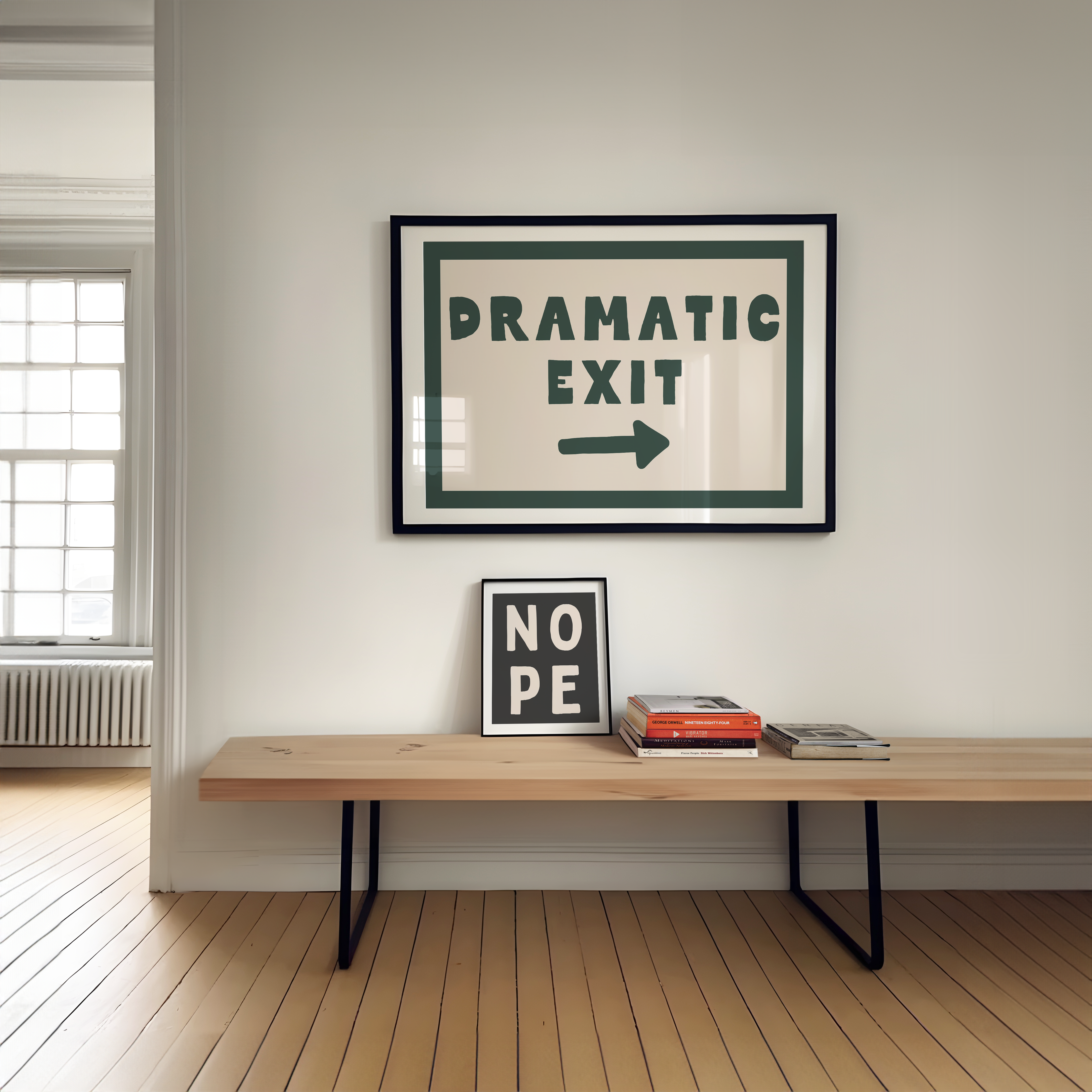 Artwork with 'Dramatic Exit' on a wall above a wooden bench.