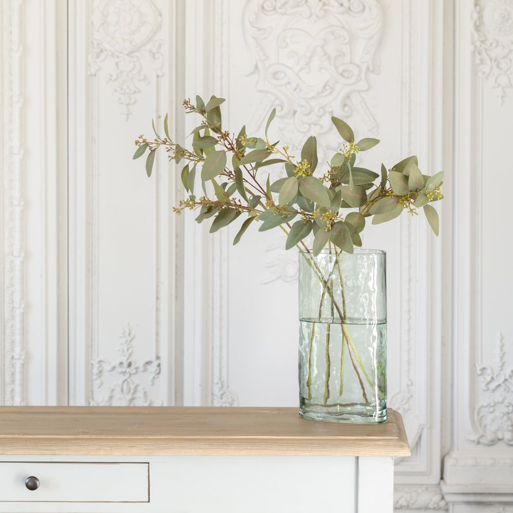 Faux eucalyptus spray with pinky grey leaves and seeded detailing, 67cm tall