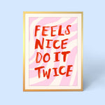 Playful bathroom typography print with a pastel pink swirl background and bold red lettering. A fun self-care inspired artwork for colourful interiors.