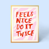 Playful bathroom typography print with a pastel pink swirl background and bold red lettering. A fun self-care inspired artwork for colourful interiors.