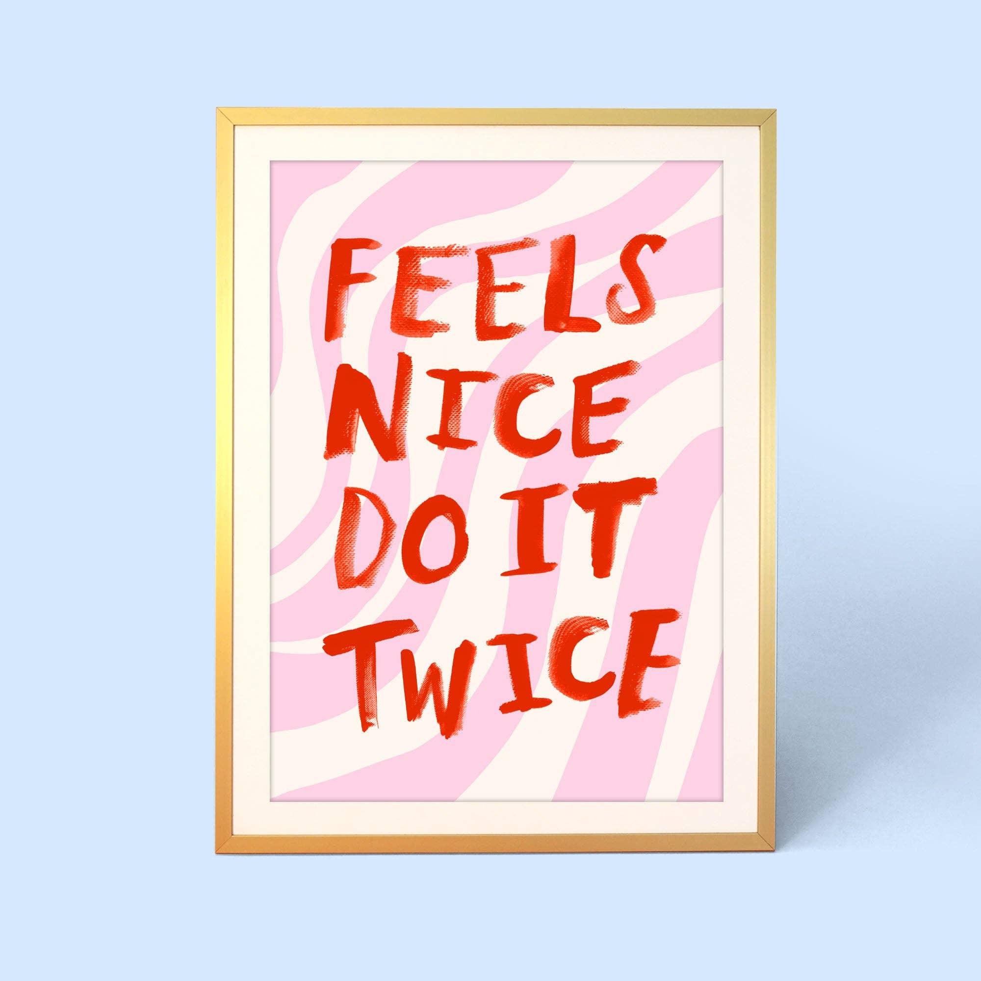 Playful bathroom typography print with a pastel pink swirl background and bold red lettering. A fun self-care inspired artwork for colourful interiors.