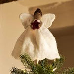 Warm white felt Christmas angel tree topper with berry coloured star