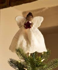Warm white felt Christmas angel tree topper with berry coloured star