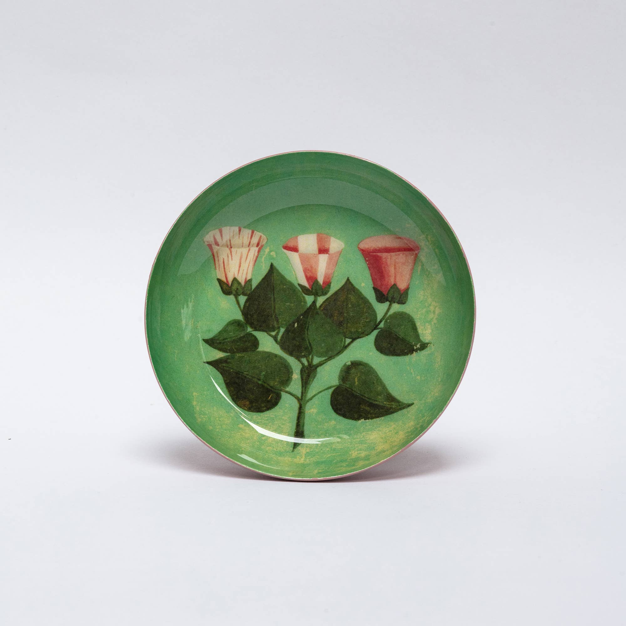 Festival of Flowers round enamel trinket dish featuring historic botanical watercolour flower illustrations inspired by 17th-century artwork.