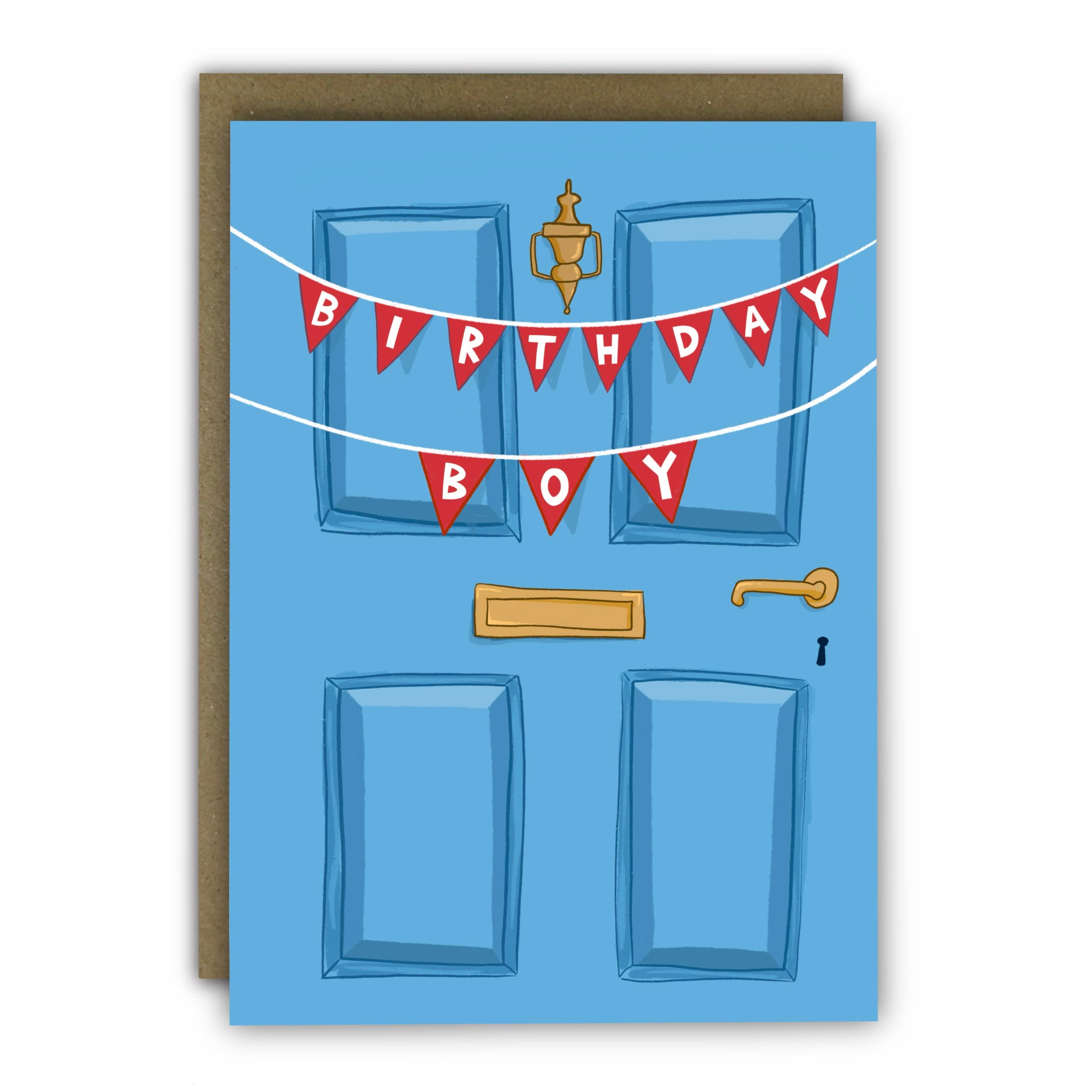 Birthday Boy greeting card featuring a blue front door with red bunting, printed on premium textured cardstock with a kraft envelope.