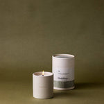 FieldDay Fir Classic scented candle in a stoneware pot, presented in a branded cotton bag and gift tube, with balsam fir, pine and clove fragrance.
