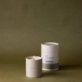 FieldDay Fir Classic scented candle in a stoneware pot, presented in a branded cotton bag and gift tube, with balsam fir, pine and clove fragrance.