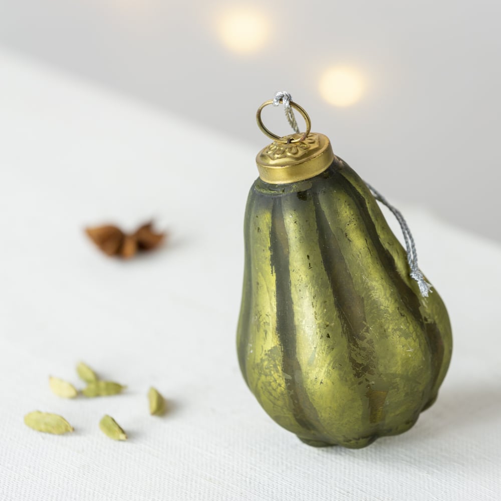Fir green pear-shaped Christmas tree bauble measuring 10cm