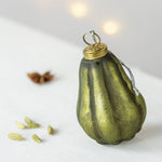 Fir green pear-shaped Christmas tree bauble measuring 10cm