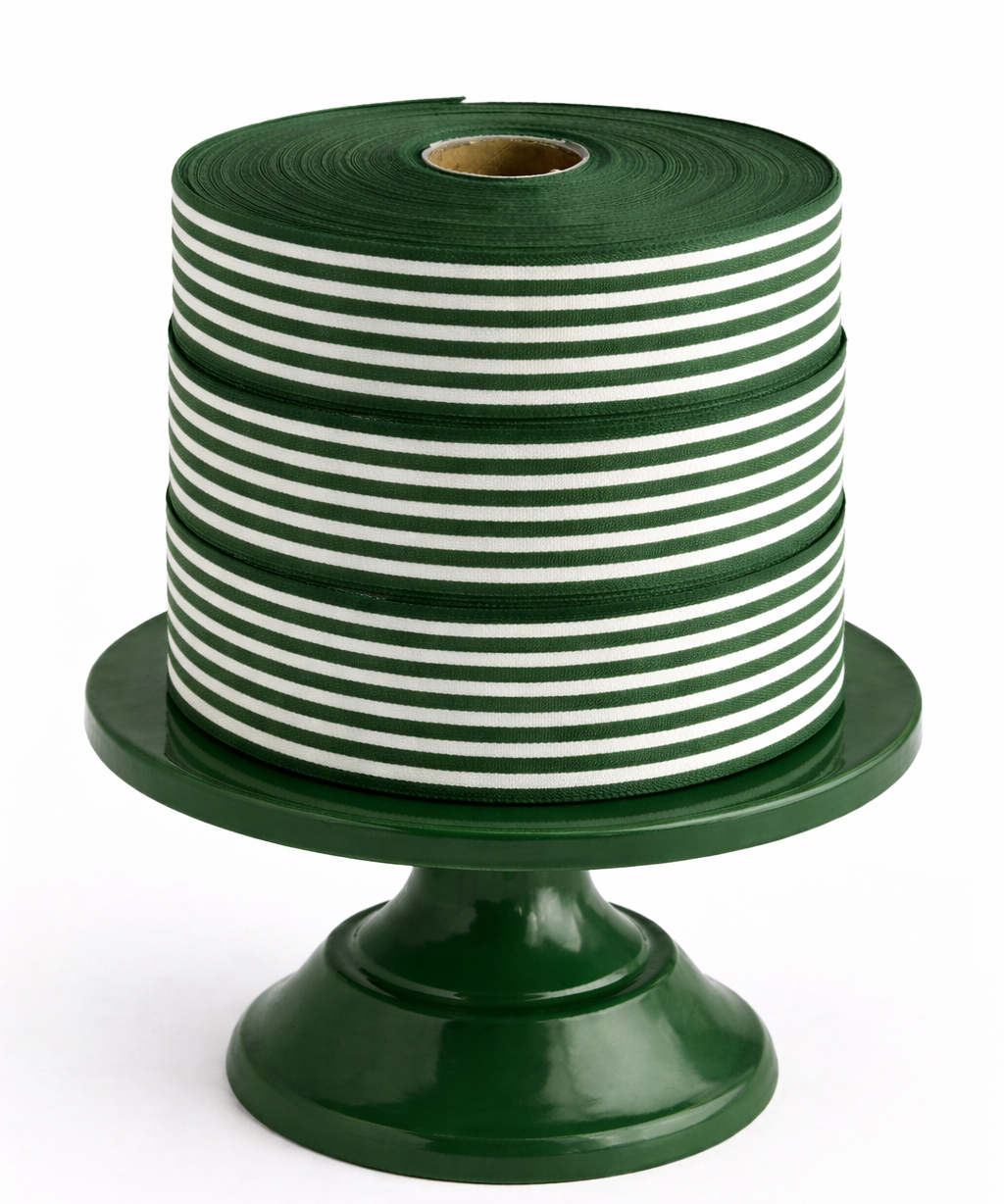 Forest green ministripe cotton ribbon, 35mm wide, featuring a classic fine striped design for gift wrapping, Christmas bows and crafting.