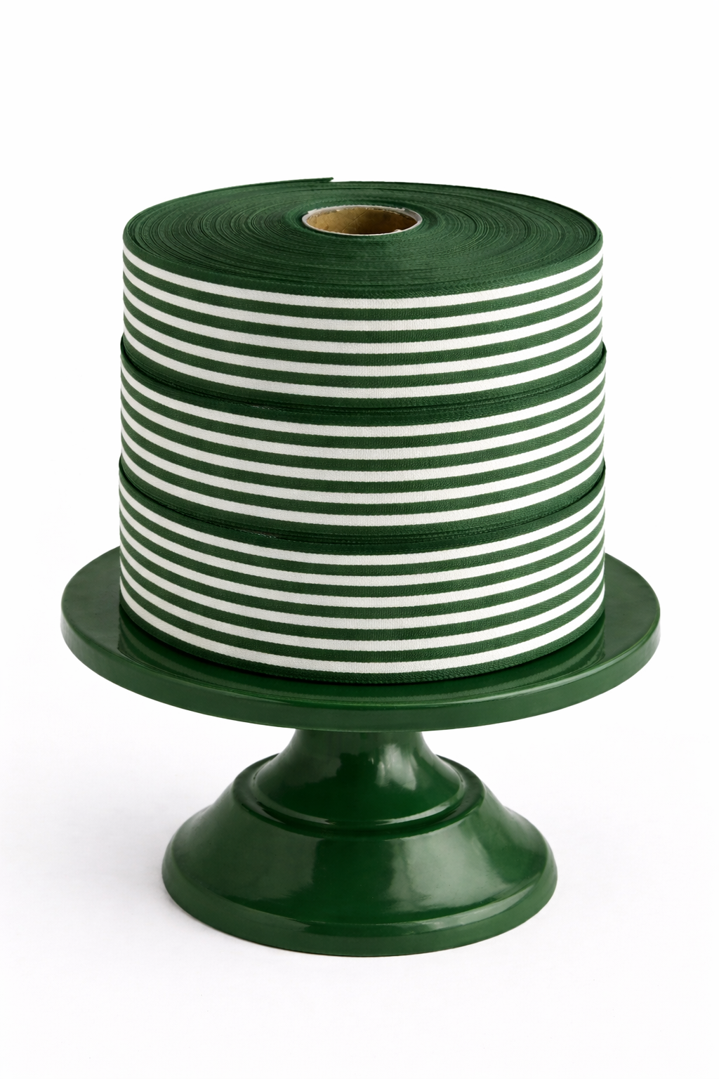 Forest green ministripe cotton ribbon, 35mm wide, featuring a classic fine striped design for gift wrapping, Christmas bows and crafting.