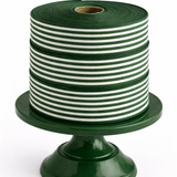 Forest green ministripe cotton ribbon, 35mm wide, featuring a classic fine striped design for gift wrapping, Christmas bows and crafting.
