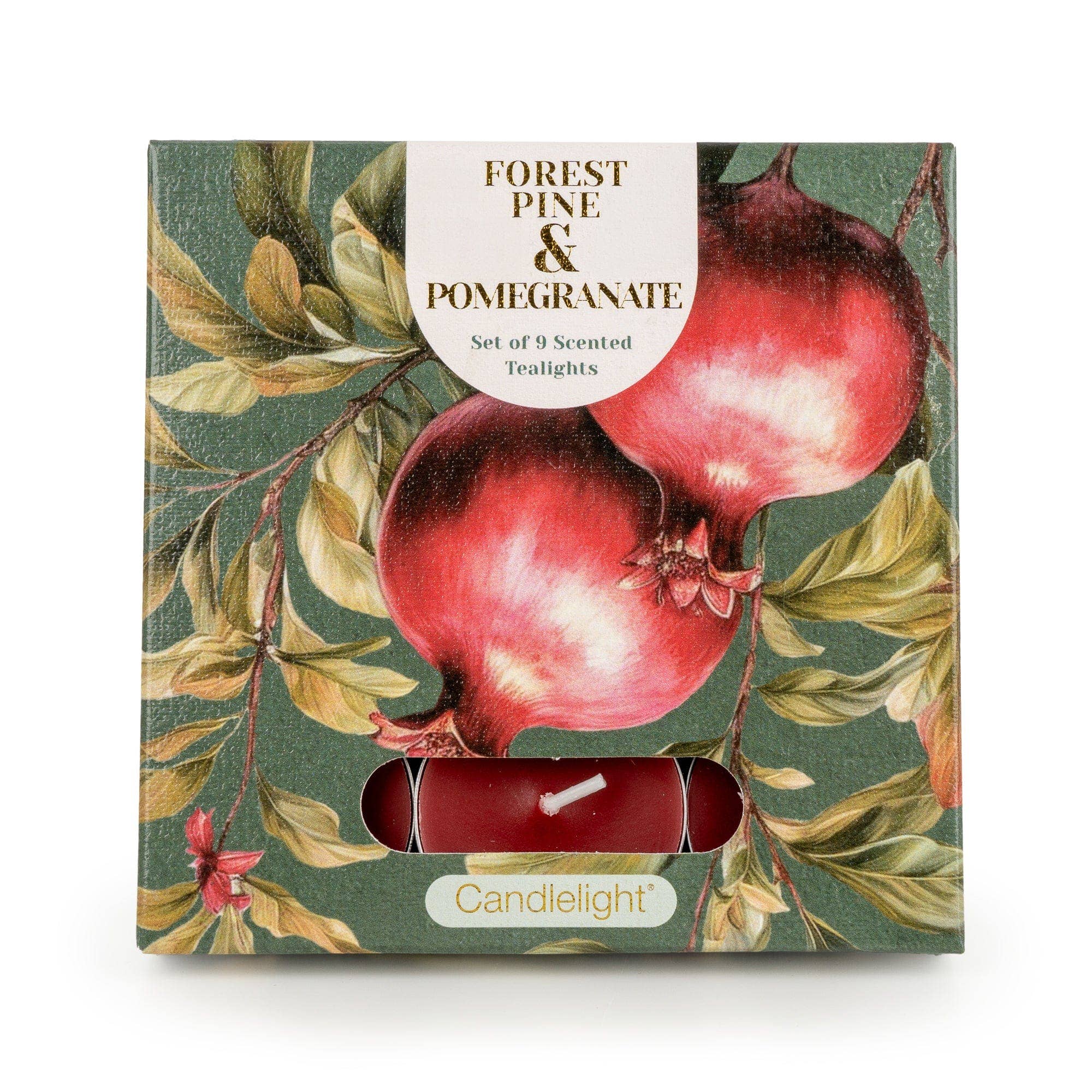Set of nine Forest Pine and Pomegranate scented tealights in botanical gift packaging