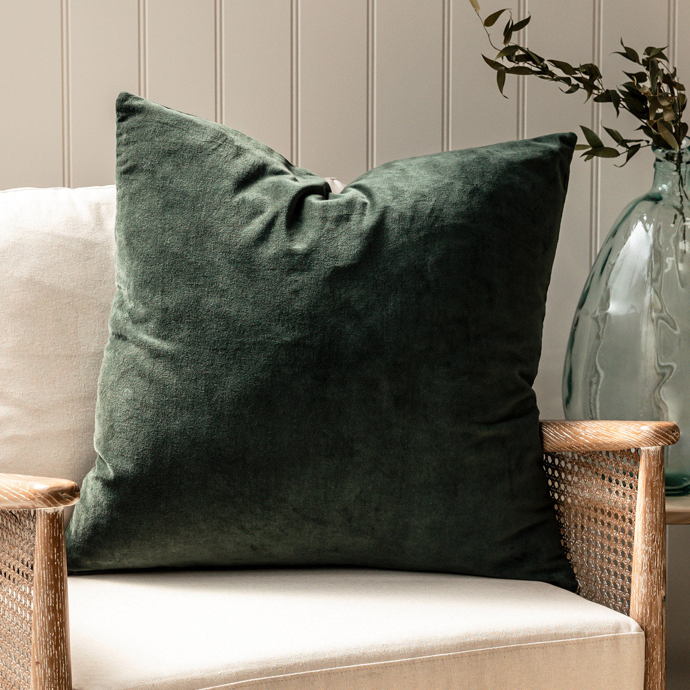 Foxcote Forest Green Velvet Cushion in 60 x 60cm size.