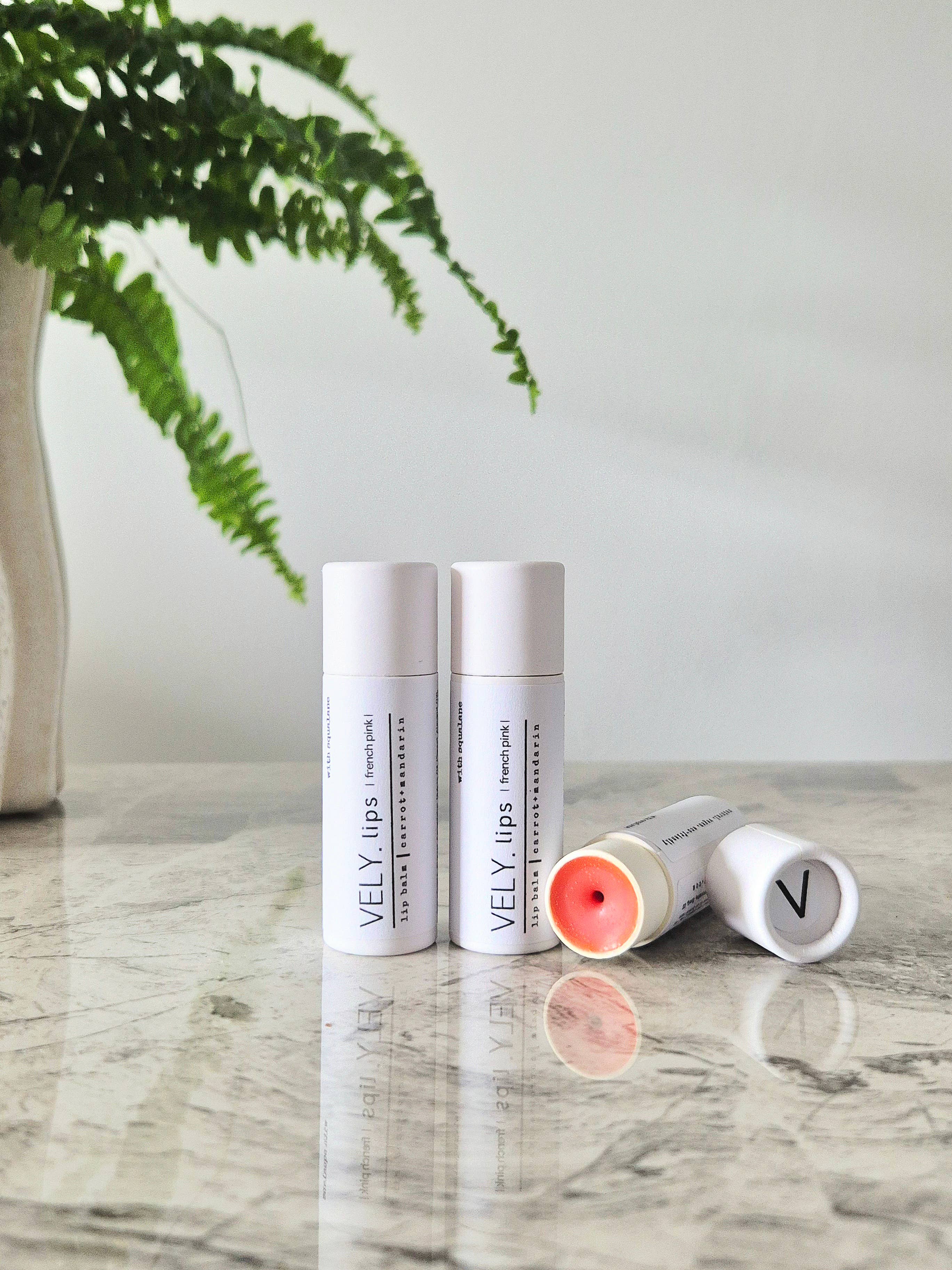 French Pink natural vegan tinted lip balm with olive squalane in plastic-free paper tube