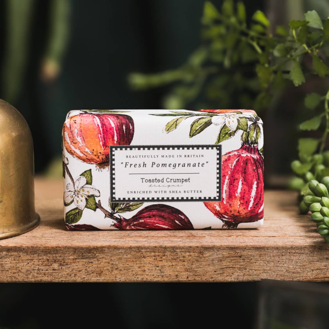 Fresh Pomegranate triple milled shea butter soap bar in recyclable packaging made in Britain.
