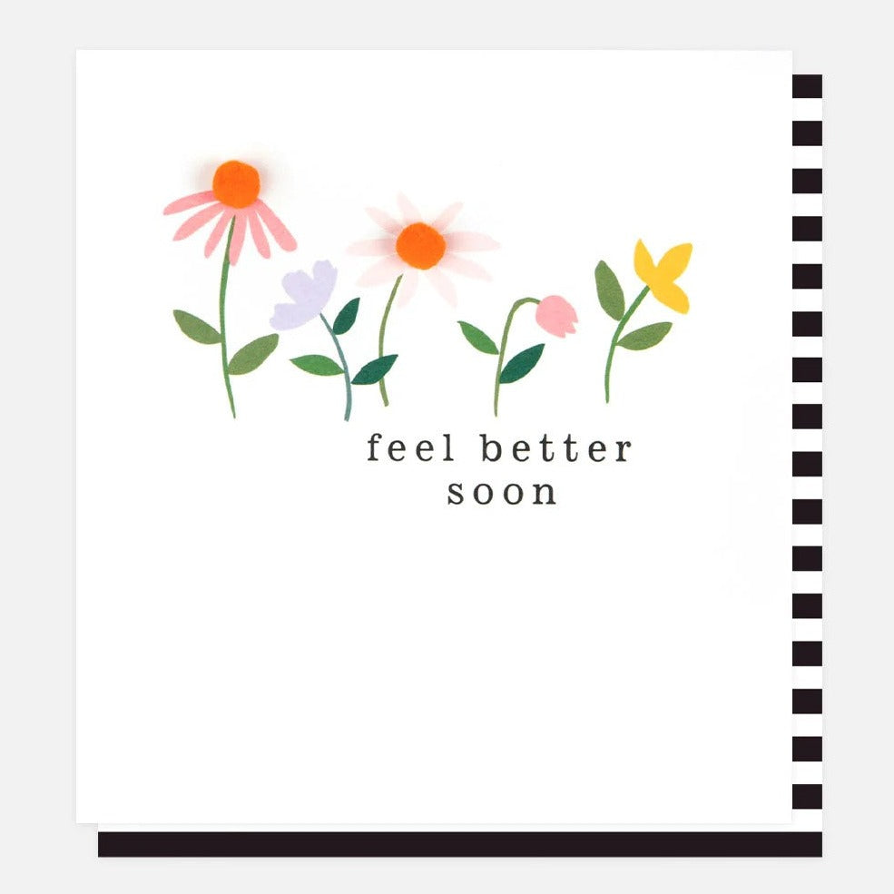Get Well Soon greetings card from the Pom Pom collection with gold foil detailing and colourful mini pom-pom embellishments.