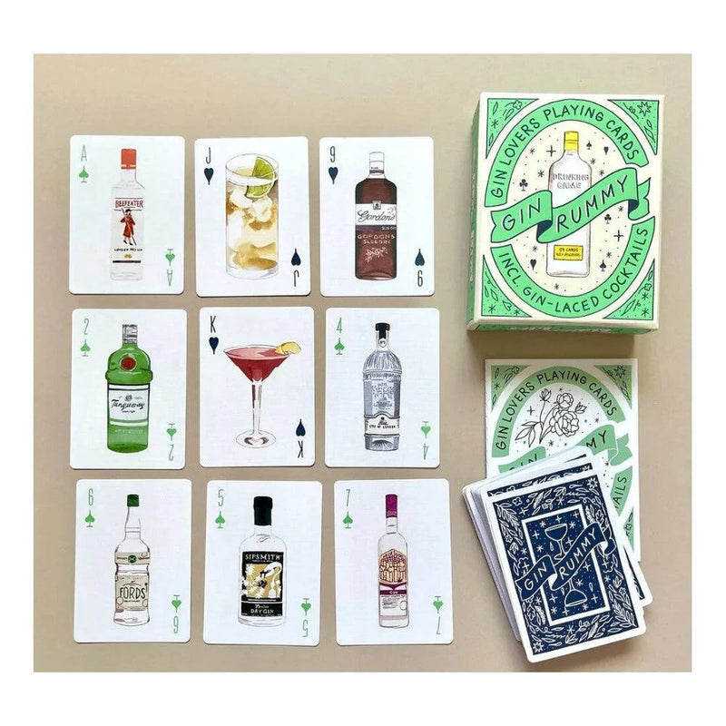 Gin Rummy playing cards gift set featuring 40 gins, 12 classic gin cocktails and an illustrated recipe booklet by Laurence King.