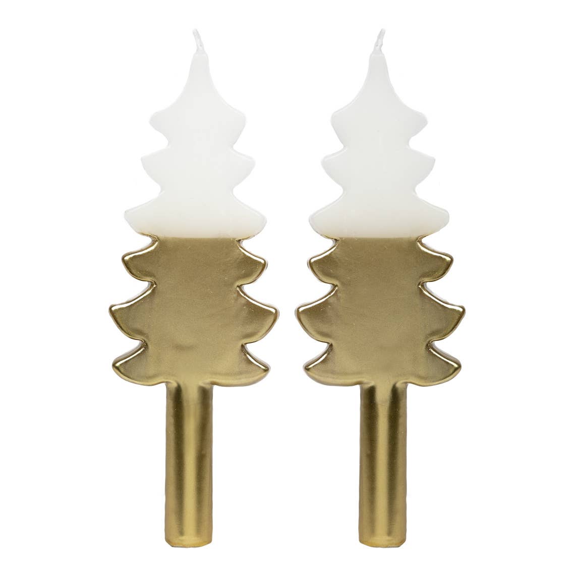 White and gold Christmas tree-shaped dinner candles by Talking Tables, pack of two 22cm festive candles.