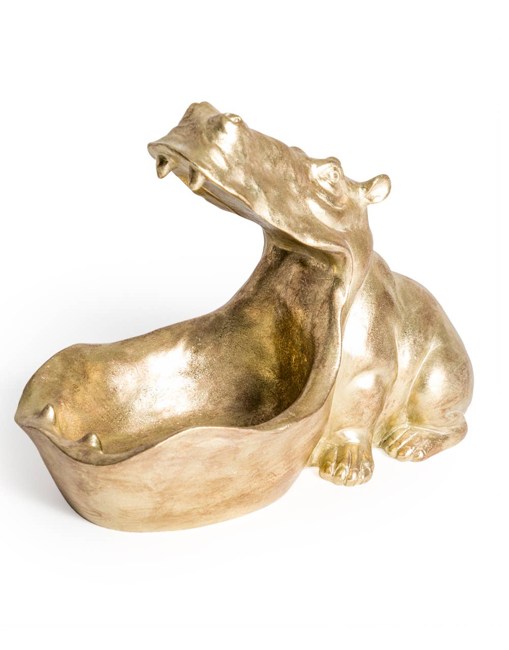 Gold hippo storage bowl for keys, jewellery and trinkets, decorative animal home accessory with metallic gold finish.