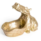 Gold hippo storage bowl for keys, jewellery and trinkets, decorative animal home accessory with metallic gold finish.