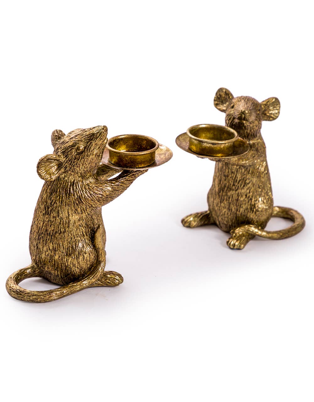 Gold mouse candle holder holding a taper candle, decorative animal candle holder for stylish home décor and dining table styling.