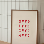Stylish red and cream kitchen wall art print featuring the phrase ‘Good Food Good Mood’. Premium giclée typography artwork printed on fine art paper.