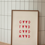 Stylish red and cream kitchen wall art print featuring the phrase ‘Good Food Good Mood’. Premium giclée typography artwork printed on fine art paper.