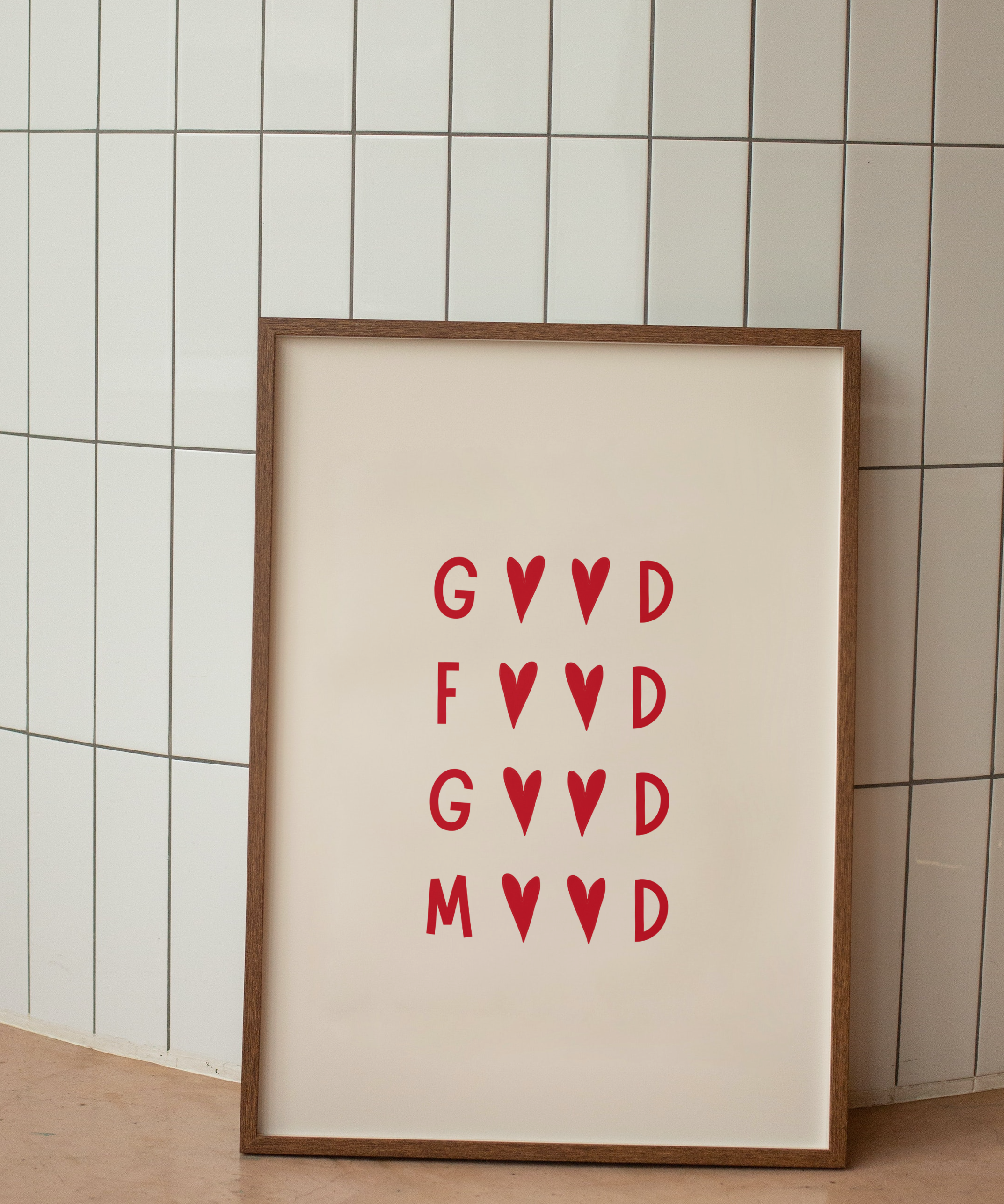Stylish red and cream kitchen wall art print featuring the phrase ‘Good Food Good Mood’. Premium giclée typography artwork printed on fine art paper.