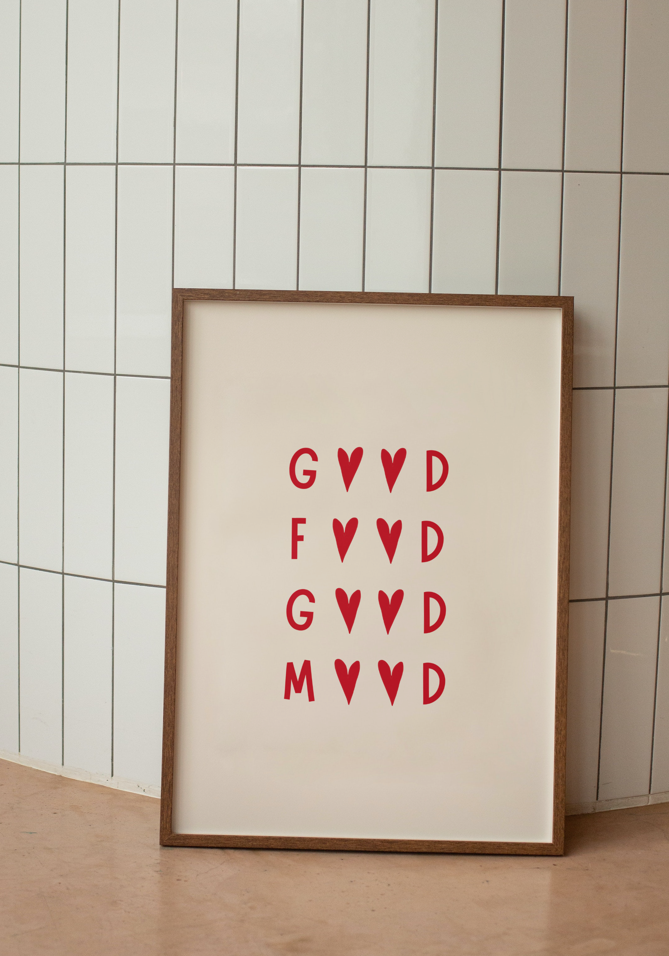 Stylish red and cream kitchen wall art print featuring the phrase ‘Good Food Good Mood’. Premium giclée typography artwork printed on fine art paper.