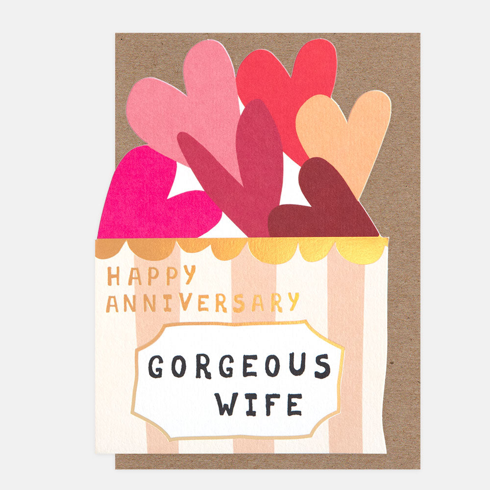 Happy Anniversary Gorgeous Wife card featuring a die-cut box filled with pink and red hearts and gold foil detailing.