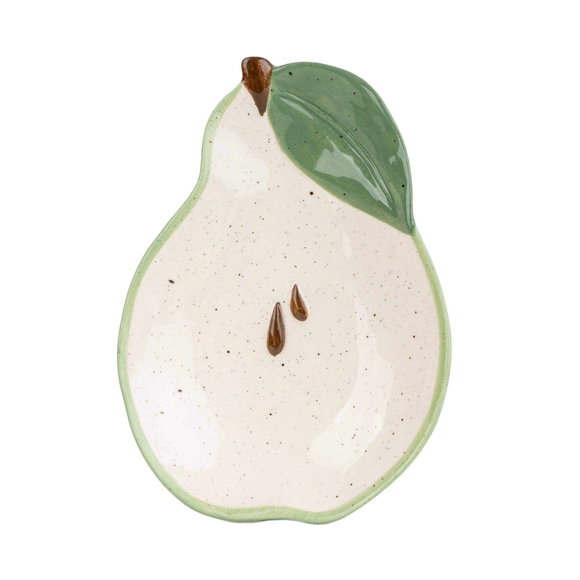 Green ceramic pear-shaped serving dish with textured leaf and seed detailing