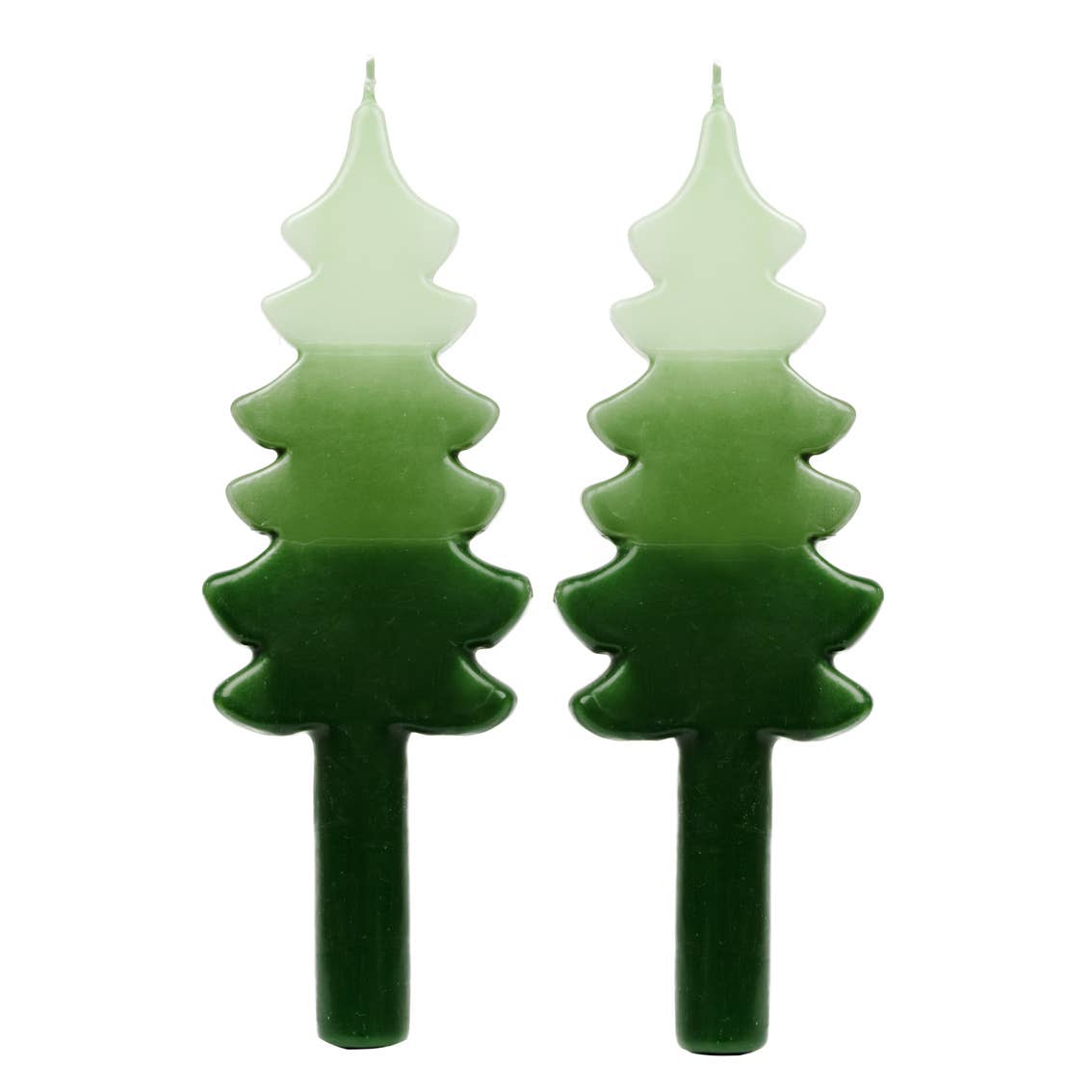 Green Christmas tree-shaped dinner candles by Talking Tables, pack of two 22cm festive candles for Christmas table décor.