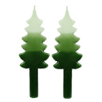 Green Christmas tree-shaped dinner candles by Talking Tables, pack of two 22cm festive candles for Christmas table décor.