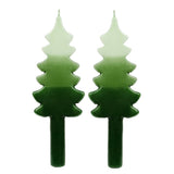 Green Christmas tree-shaped dinner candles by Talking Tables, pack of two 22cm festive candles for Christmas table décor.