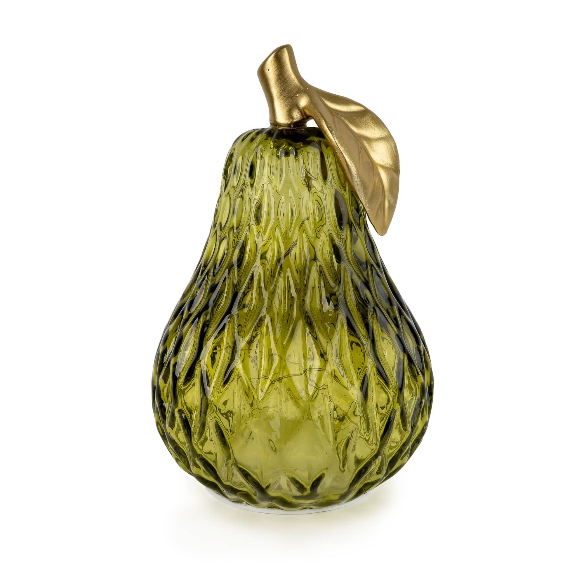 Green textured glass pear-shaped LED lamp with gold-toned stalk and leaf