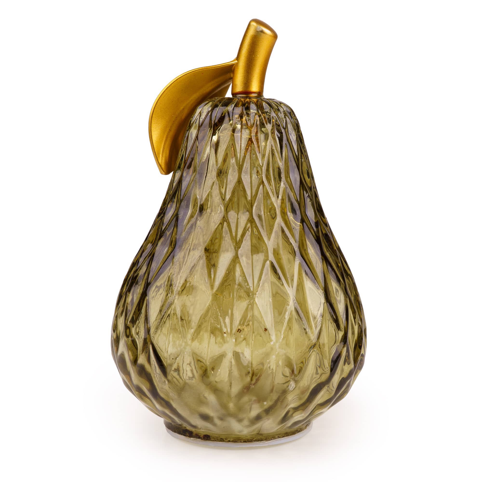Green pear-shaped LED decorative light with faceted finish and gold stem and leaf