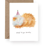 Guinea pig birthday card with hand-painted watercolour illustration and Whoop It’s Your Birthday message.