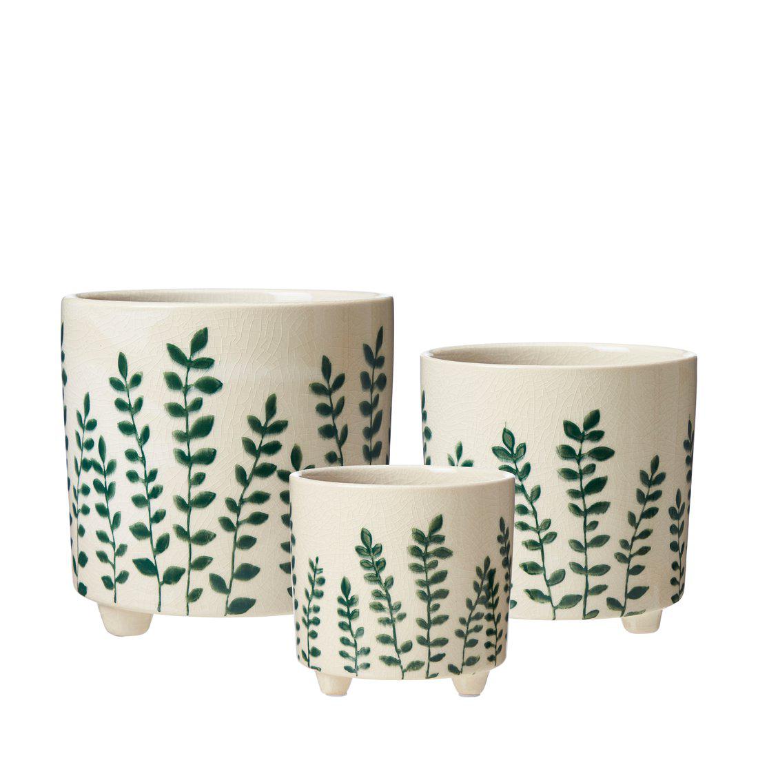 Haga off-white ceramic plant pot with green leaf pattern, decorative indoor planter for houseplants and botanical home styling.